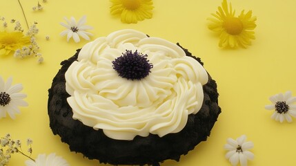 Elegant Dark Chocolate Cake with Creamy White Frosting and Floral Accents on Yellow