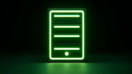 A luminous green neon sign shaped like a digital tablet or e-reader, glowing in a dark room with a reflective surface.