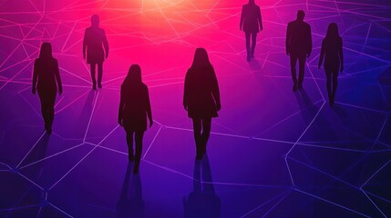 Silhouetted Figures Walking on Luminous Network Grid with Gradient Pink and Purple Background