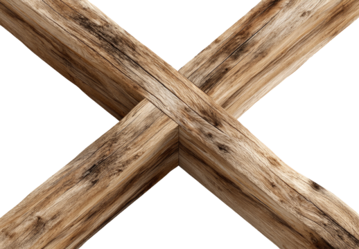Close-up of two rough-hewn wooden beams intersecting in an X shape against a black background