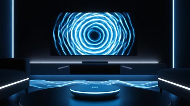 Futuristic dark room with glowing blue neon lights and a central screen displaying an abstract glowing circle