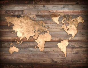 World map on distressed wooden planks