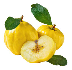 Two whole and one sliced quince fruit, yellow-gold hue, with fresh green leaves