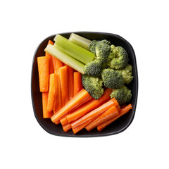 Healthy Vegetable Snack Carrots, Celery, and Broccoli in Black Bowl