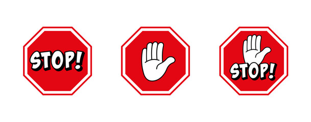 Red stop sign in a comic style. White text and hand symbol on red traffic sign. Vector illustration.