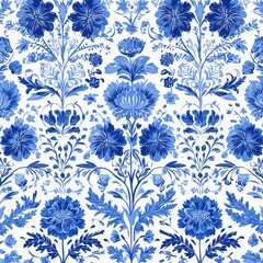 Elegant blue floral pattern on a white background, showcasing intricate designs suitable for textiles