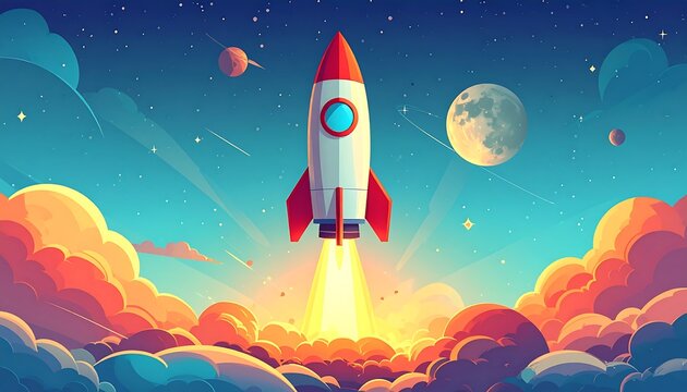 Rocket launching into space amidst clouds