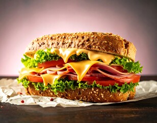 Close-up of a large, gourmet sandwich with cheese, ham, lettuce, and tomato on seeded bread