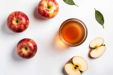 Apple cider drink or fermented mors and organic apples on white, top view, banner. Healthy eating and lifestyle concept.