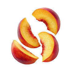 Four peach slices arranged in a dynamic, overlapping pattern, showcasing the vibrant colors and juicy texture.  