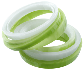 Two stacked rings, alternating bands of light green and white