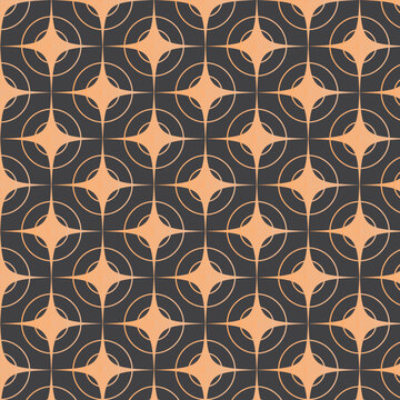 Abstract geometric pattern of interlocking circles and starbursts in warm tones