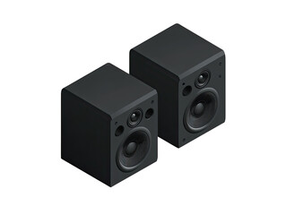Obraz premium Two black stereo speakers, isometric view. Dark background. Speakers have rectangular shapes and visible speaker cones