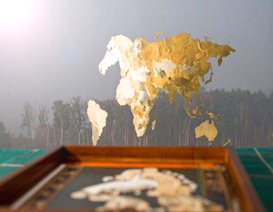World map superimposed on a hazy forest scene