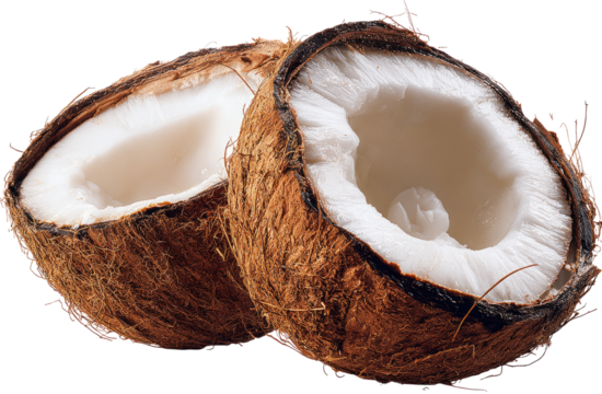 Two halves of a coconut, close-up.  The hard, brown shell is visible, contrasting with the white, creamy flesh inside