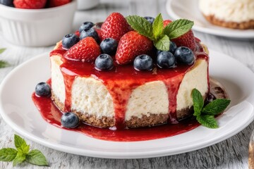 Homemade cheesecake with fresh berries and mint for dessert - healthy natural summer dessert pie. Cheesecake.