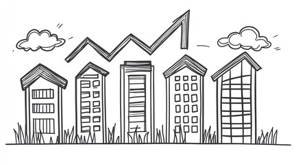 Fototapeta premium Rising Real Estate: Hand-Drawn Buildings with Upward Trend Line and Clouds