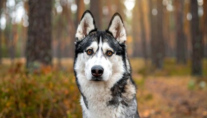 Obraz premium Siberian Husky Dog Portrait in Autumn Forest.