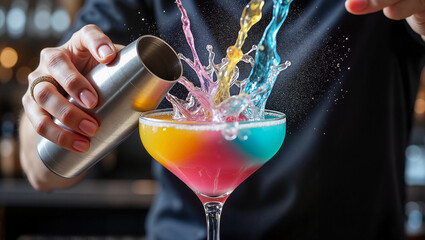 Mixing vibrant colorful cocktail with splash effects in bar setting, concept of nightlife and mixology.