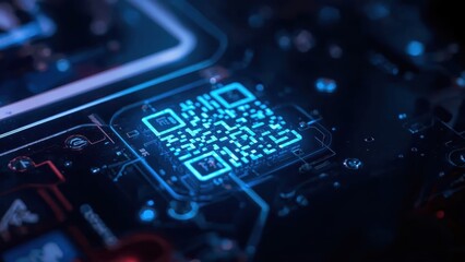 QR code scanning technology glowing on futuristic circuit board, digital data transfer, cybersecurity concept, tech blog, innovation presentation, computer background, blue neon light and dark theme