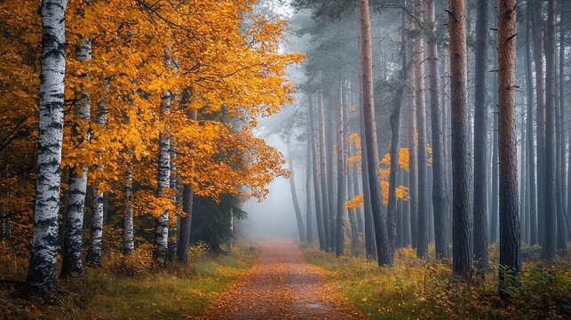 Autumn forest pathway with fog and colorful orange foliage