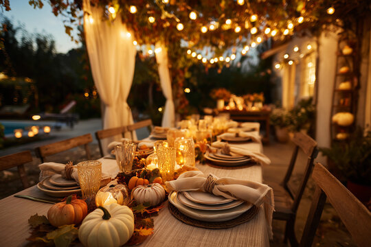 Elegant backyard Thanksgiving dinner with string lights and festive decor creating a warm atmosphere for family and friends gathering
