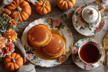 Delightful breakfast setup with pumpkin pancakes and tea for a warm Thanksgiving gathering with autumn decorations and small pumpkins