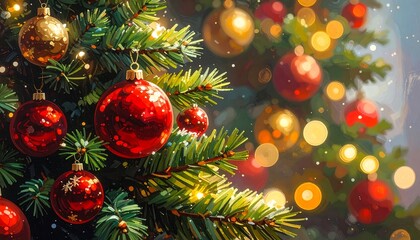 Festive christmas tree adorned with shimmering ornaments and twinkle lights