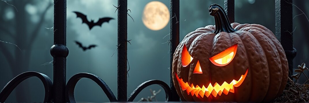 Halloween night: glowing jack-o'-lantern and flying bats under full moon