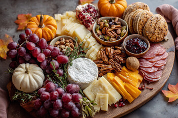 Gathering around a charcuterie board with seasonal fruits, cheeses, and snacks for Thanksgiving celebration with loved ones in a cozy setting