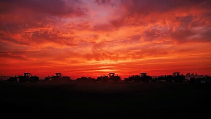 Stunning fiery sunset glowing with vibrant red and orange hues over serene rural landscape perfect for nature, travel, and evening relaxation themes with dark silhouettes and dramatic sky