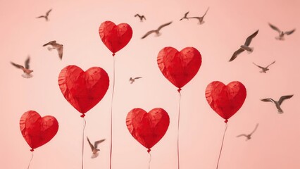 Red heart-shaped balloons floating in sky with flying birds romantic love celebration wedding party Valentine's Day background pink warm tones outdoor festive atmosphere