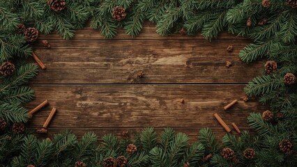 Rustic Christmas wreath decorated with pinecones and cinnamon sticks on wooden table for holiday party invitations, seasonal greeting cards, festive winter decor, cozy warm background brown green ton