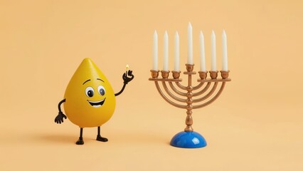 Happy lemon character smiling pointing menorah lighting candles for Hanukkah celebration festival tradition background design greeting card winter holiday symbol bright colors
