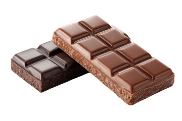 Obraz premium Two dark and milk chocolate bars, diagonally overlapping, showcasing a glossy surface and segmented texture