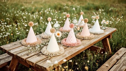 Decorated party hats arranged on rustic wooden table outdoors for birthday celebrations, picnic events, summer gatherings, garden parties, festival vibes, pastel colors, cheerful atmosphere