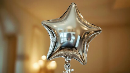Silver star balloon floating indoors, party celebration decoration, versatile festive event accessory for birthdays, anniversaries, weddings, holiday gatherings, soft warm blurred background lighting