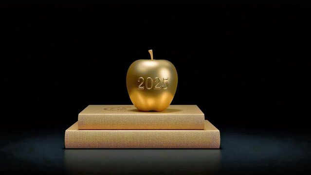 Golden apple sitting on books symbolizing education achievement award, perfect for academic success presentations, school honors, motivational backgrounds with dark elegant contrast and luxurious sty - Powered by Adobe
