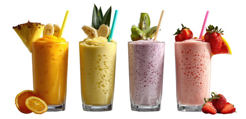 Four colorful fruit smoothies in tall glasses