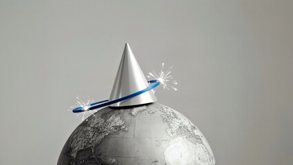 Silver party hat sparkling on globe celebrating global events holidays festivals diverse cultures gray background modern minimal