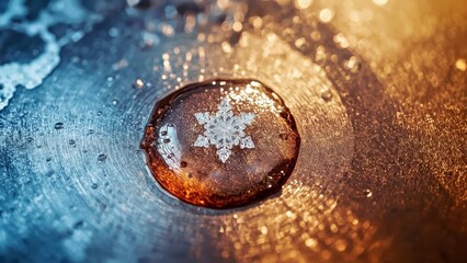 Close-up of melting snowflake ice drop on textured surface with warm and cold tones, perfect for winter backgrounds, holiday cards, creative nature photography, seasonal design and frost concept