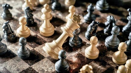Chess pieces battling on marble board strategy game close-up, perfect for educational content, game tactics, competition scenes, intellectual challenge, classic black white contrast background