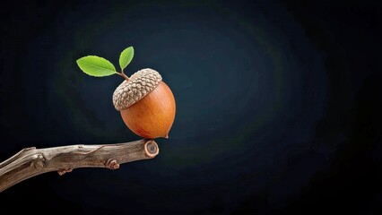 Acorn sprouting green leaves on dry branch symbolizing growth, nature, environmental protection, sustainable development, eco designs, educational projects, and seasonal autumn themes
