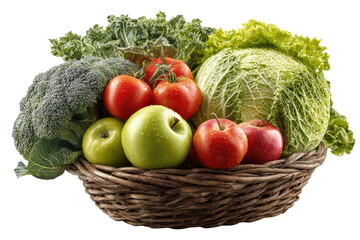 Fresh produce in a woven basket. Colorful assortment of vegetables and fruits, including kale, cabbage, broccoli, tomatoes, and apples