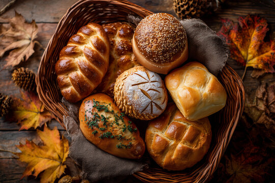 Warmly baked Thanksgiving bread rolls in a rustic basket filled with autumn leaves and surrounded by seasonal decorations