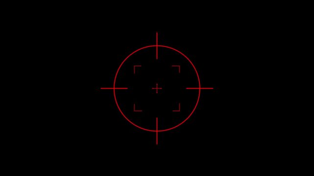 Target set icon, Sight sniper target, cross hair symbol motion on black background. Loop in of formation of square radar display with target in sight in center outline in the form of HUD concept.