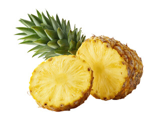 Fresh pineapple halves with crown.  A vibrant close-up shows two halves of a ripe pineapple,  separated, revealing the  yellow flesh and intricate patterns.  