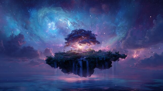 Majestic fantasy landscape of a single tree on a floating island against a cosmic nebula sky.blue and purple tones