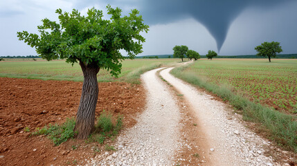Tornado forming over rural landscape with gravel road and trees on a cloudy day