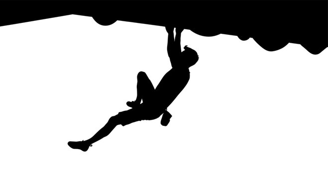 Silhouette climber clinging to overhang edge expressing determination and strength
